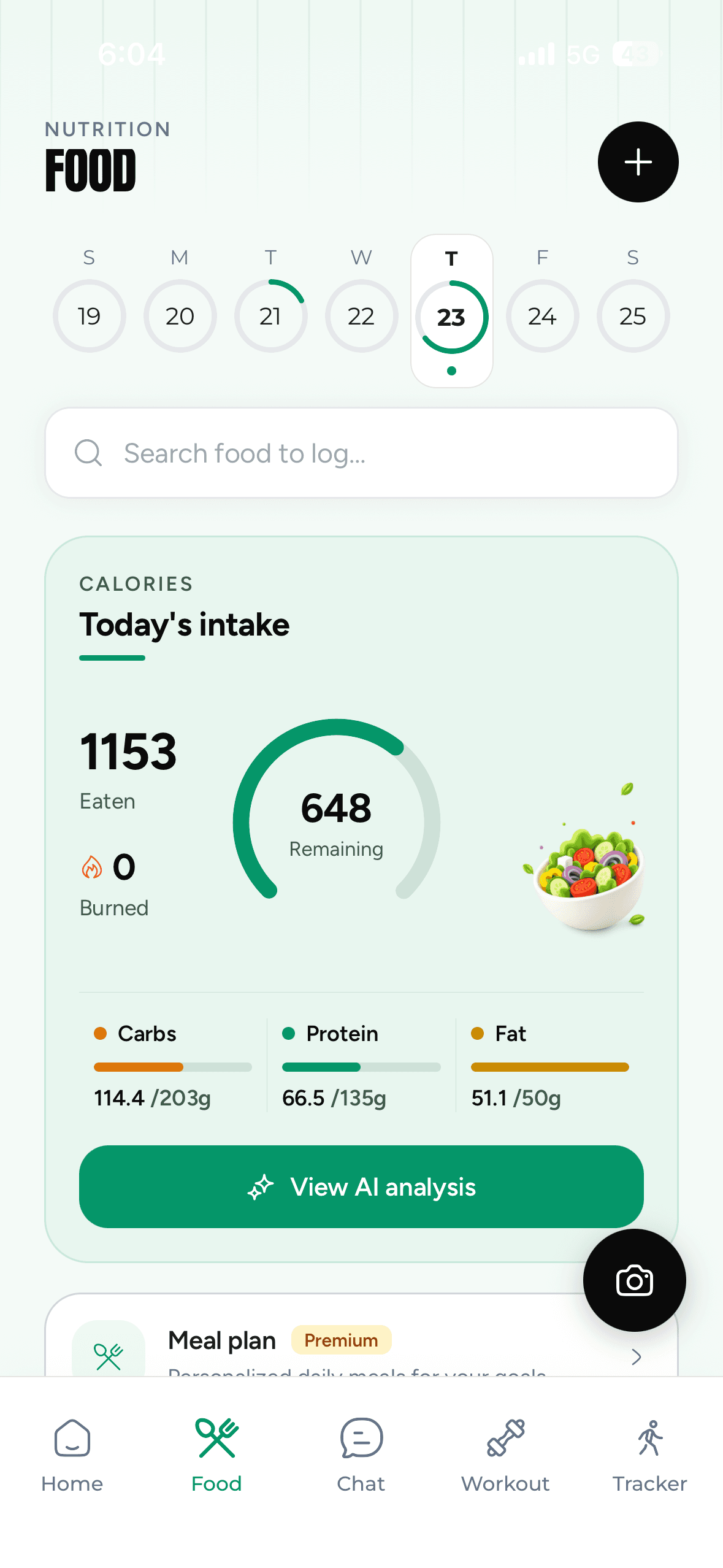 Habbeat Food tab with calorie tracking and View AI analysis