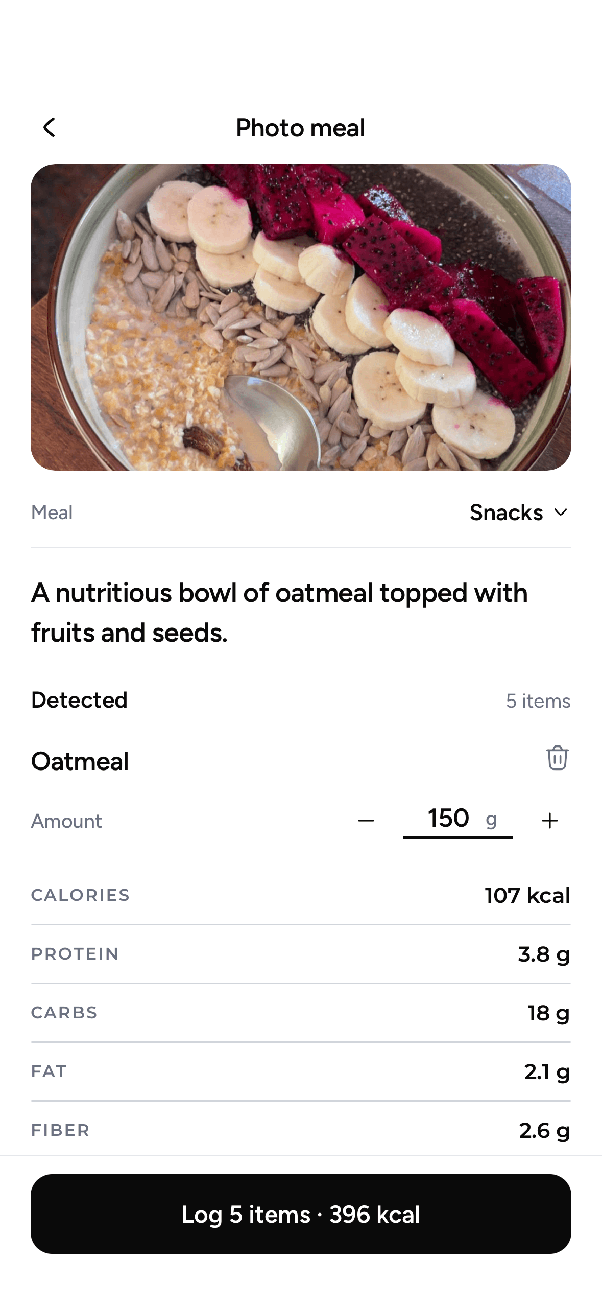 Photo meal screen detecting foods and macros from a meal photo