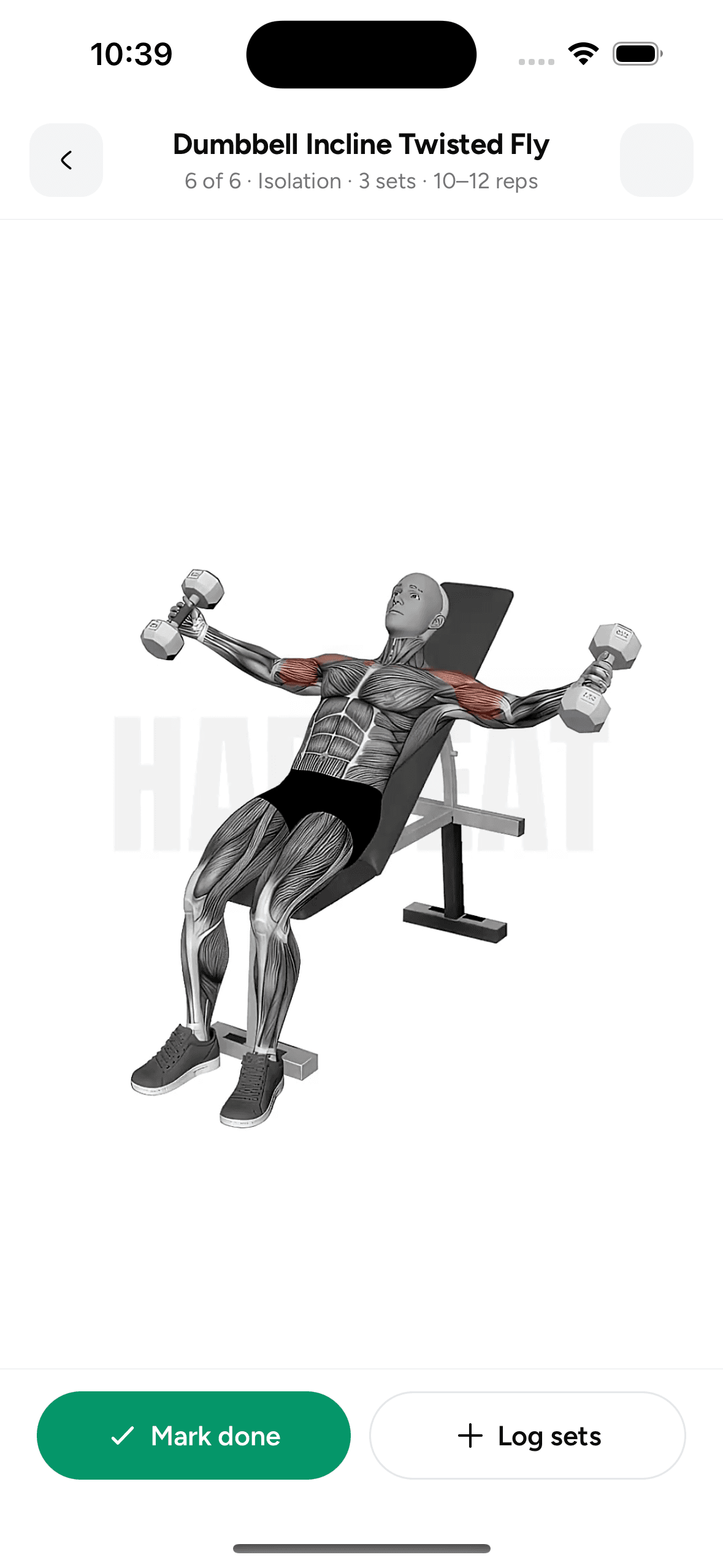 Dumbbell incline twisted fly with muscle highlight